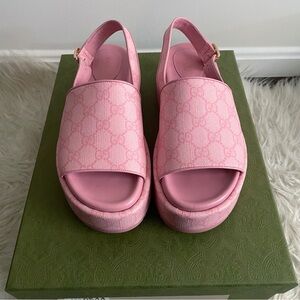 Gucci Angelina Pink GG Supreme Coated Canvas  Slingback Platform Sandals 38